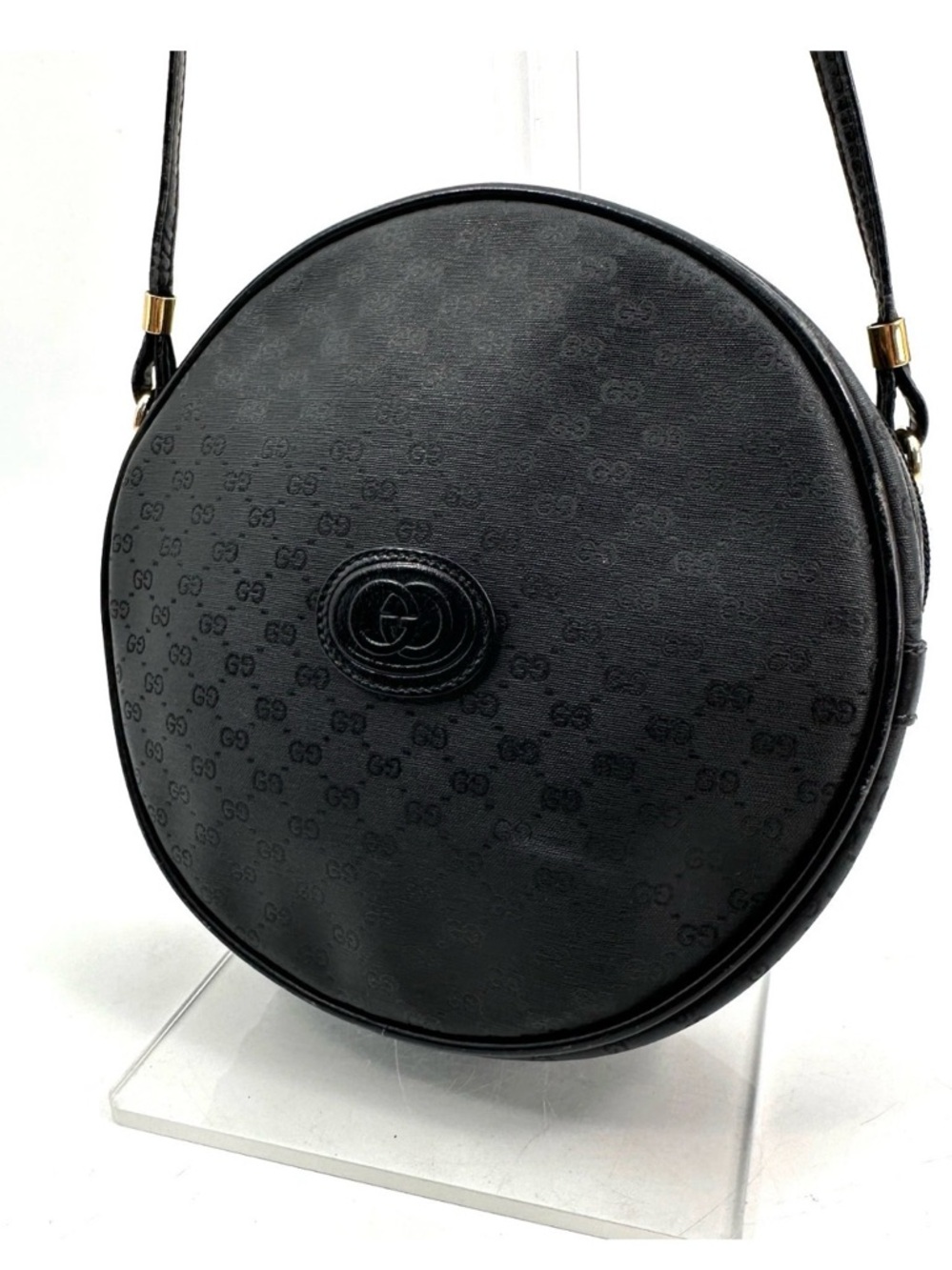 Gucci Vintage Black GG Monogram Round Crossbody Bag PVC Leather Gold Hardware - Picture 2 of 16